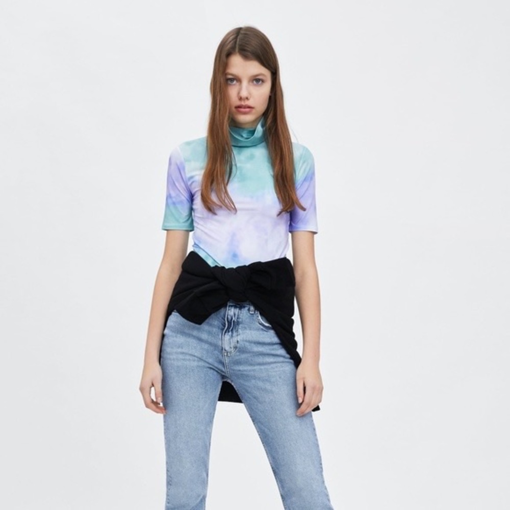Zara Tie Dye Blue + Purple Short Sleeve Turtleneck SZ L